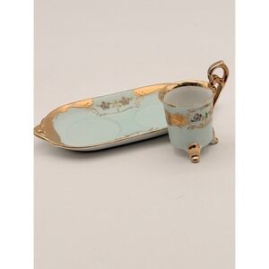 Vintage Ardalt Japan Hand Painted Porcelain Cup and Tray Set Blue Gold Floral